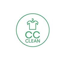 Green outline of a t-shirt on a hanger above the letters "CC" and the word "CLEAN," all inside a green circle on a white background.
