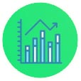 Icon showing a bar chart with five vertical bars and a rising line graph above them, set against a green circular background.