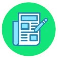 Icon of a newspaper with text boxes and a pencil, shown on a green circular background.