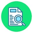 Icon of a document with text and a magnifying glass over it, displayed on a green circular background.