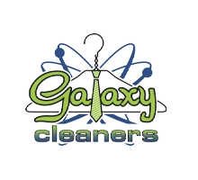 Logo for Galaxy Cleaners featuring the text "Galaxy cleaners" with a green tie as the letter "l" and a hanger over an atomic orbit design in the background.