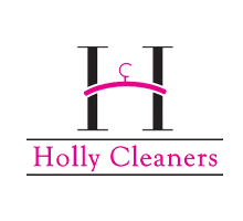 Logo for Holly Cleaners featuring two black capital "H" letters with a pink clothes hanger and the business name in pink text below.