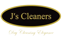 Logo for J's Cleaners featuring gold text on a black oval background with "J's Cleaners" and "Dry Cleaning Cleaner" written below in cursive.