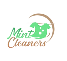 Logo for Mint Cleaners featuring a green shirt with bubbles and brown, cursive text reading "Mint Cleaners" next to a circular swoosh design.