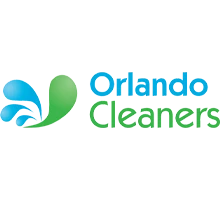 Logo for Orlando Cleaners featuring blue water droplets forming a splash and green leaf, with the company name in blue and green text on a white background.