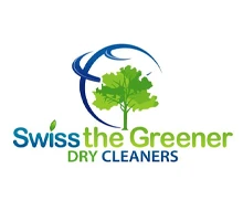 Logo for "Swiss the Greener Dry Cleaners" featuring a green tree and blue circular design above the company name in blue and green text.