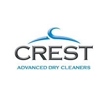 Crest Advanced Dry Cleaners logo with a blue hanger design above the word "CREST" and "ADVANCED DRY CLEANERS" written below in blue text.