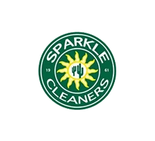 Green circular logo for Sparkle Cleaners, featuring a yellow sun and a cactus in the center, with "1961" noted on each side.