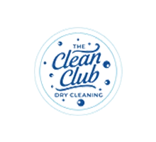 A circular blue logo reads "The Clean Club Dry Cleaning" with decorative bubbles and a patterned border.