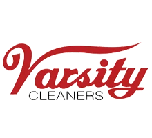 Logo for Varsity Cleaners. The word "Varsity" is written in large red cursive text above the word "CLEANERS" in smaller black capital letters.