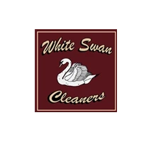 Logo for White Swan Cleaners featuring a white swan illustration on a maroon background with the business name in cursive font.