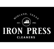 Logo for Iron Press Cleaners, featuring an iron icon, with text "Midland, Texas," "Est. 1984," and the company name on a black background.