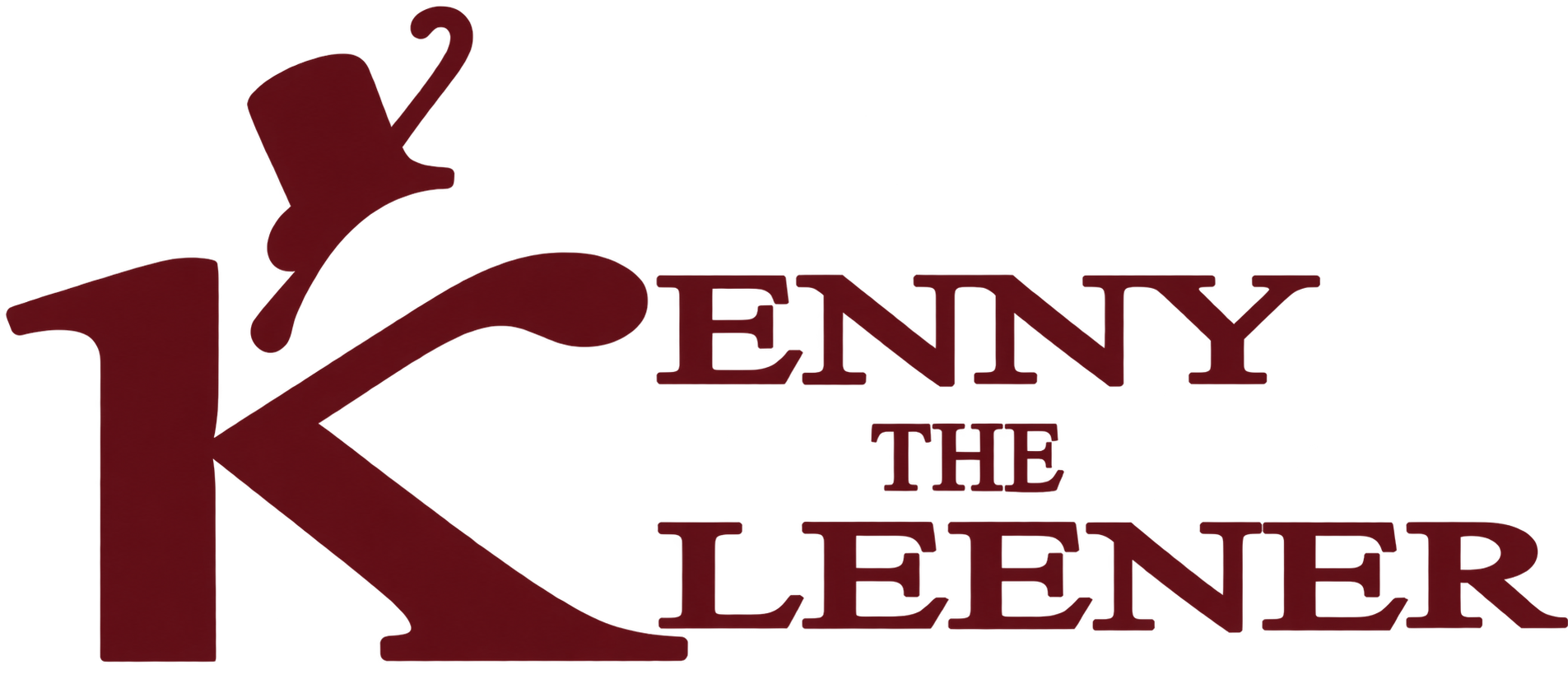 Maroon text reads “Kenny the Kleener” with a large “K” and a tilted top hat on the letter’s upper arm against a white background.