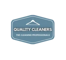 Blue badge-shaped logo with a white hanger icon above the text “Quality Cleaners” and the tagline “The Cleaning Professionals” below it.