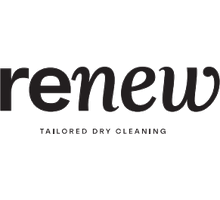 Black text logo reading “renew” with the words “TAILORED DRY CLEANING” in smaller capital letters underneath on a light background.