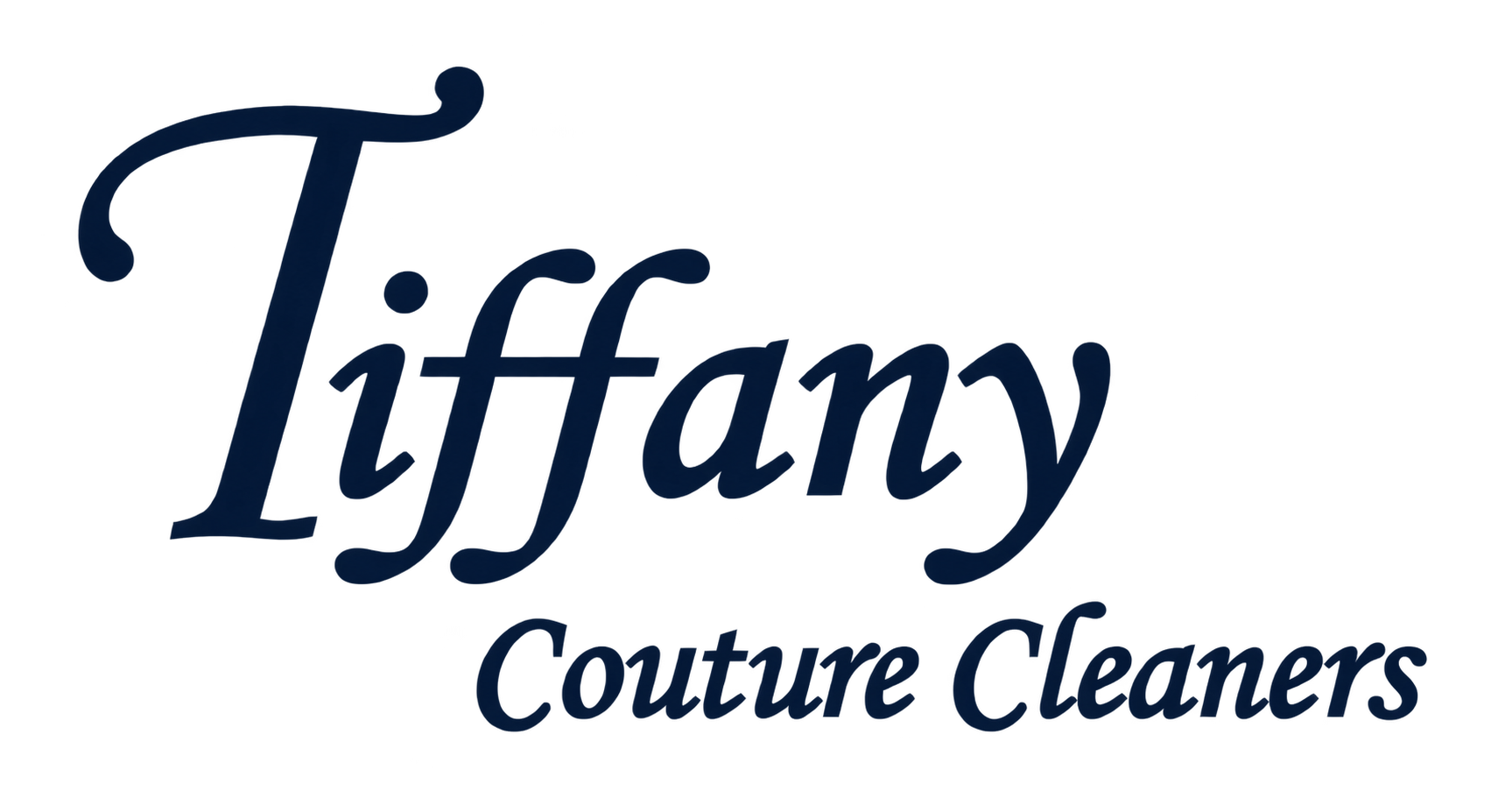 Logo with the words “Tiffany Couture Cleaners” in stylized navy blue script on a light background.
